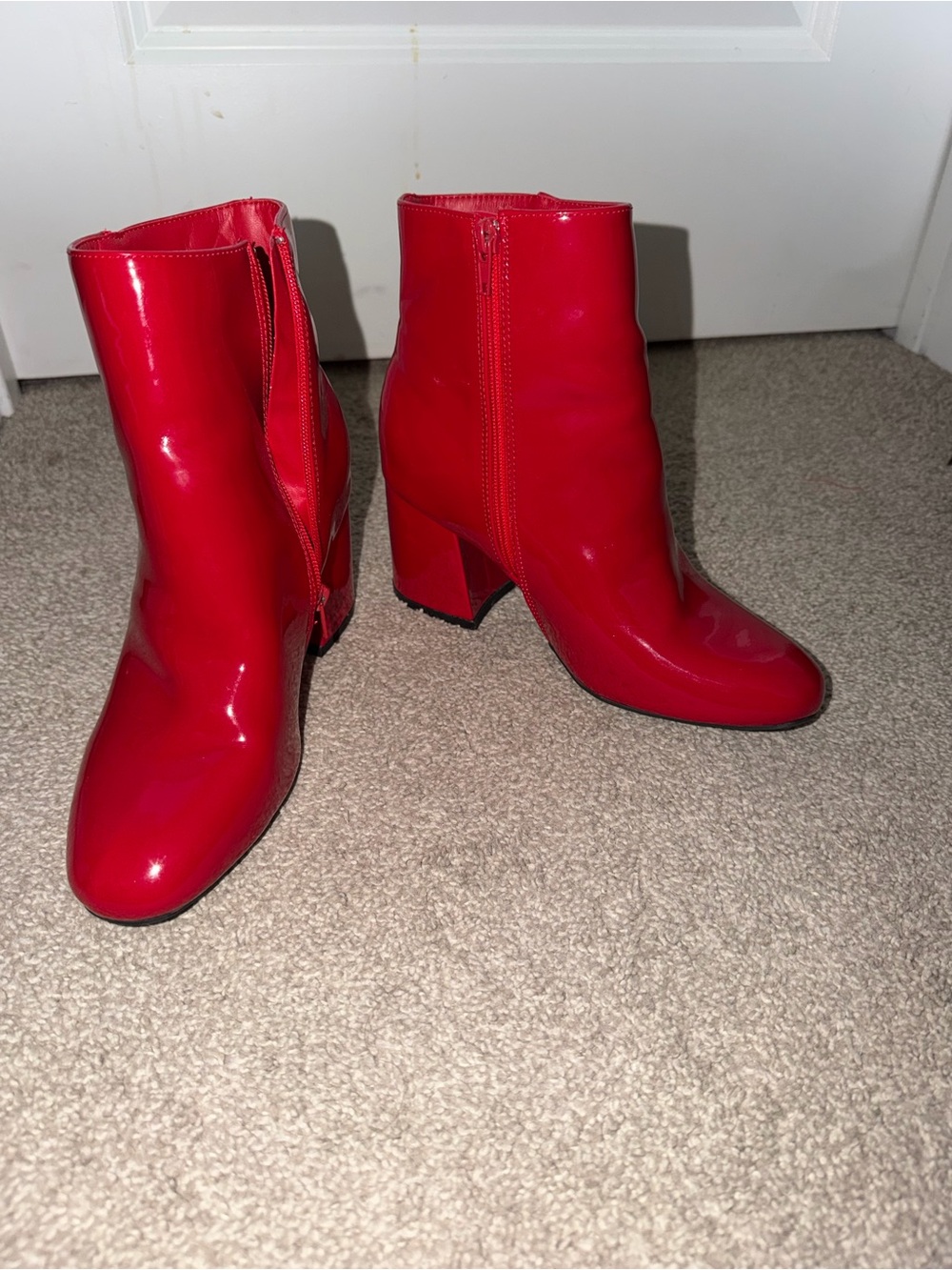 SHEIN Red Patent Block Heel Ankle Boots